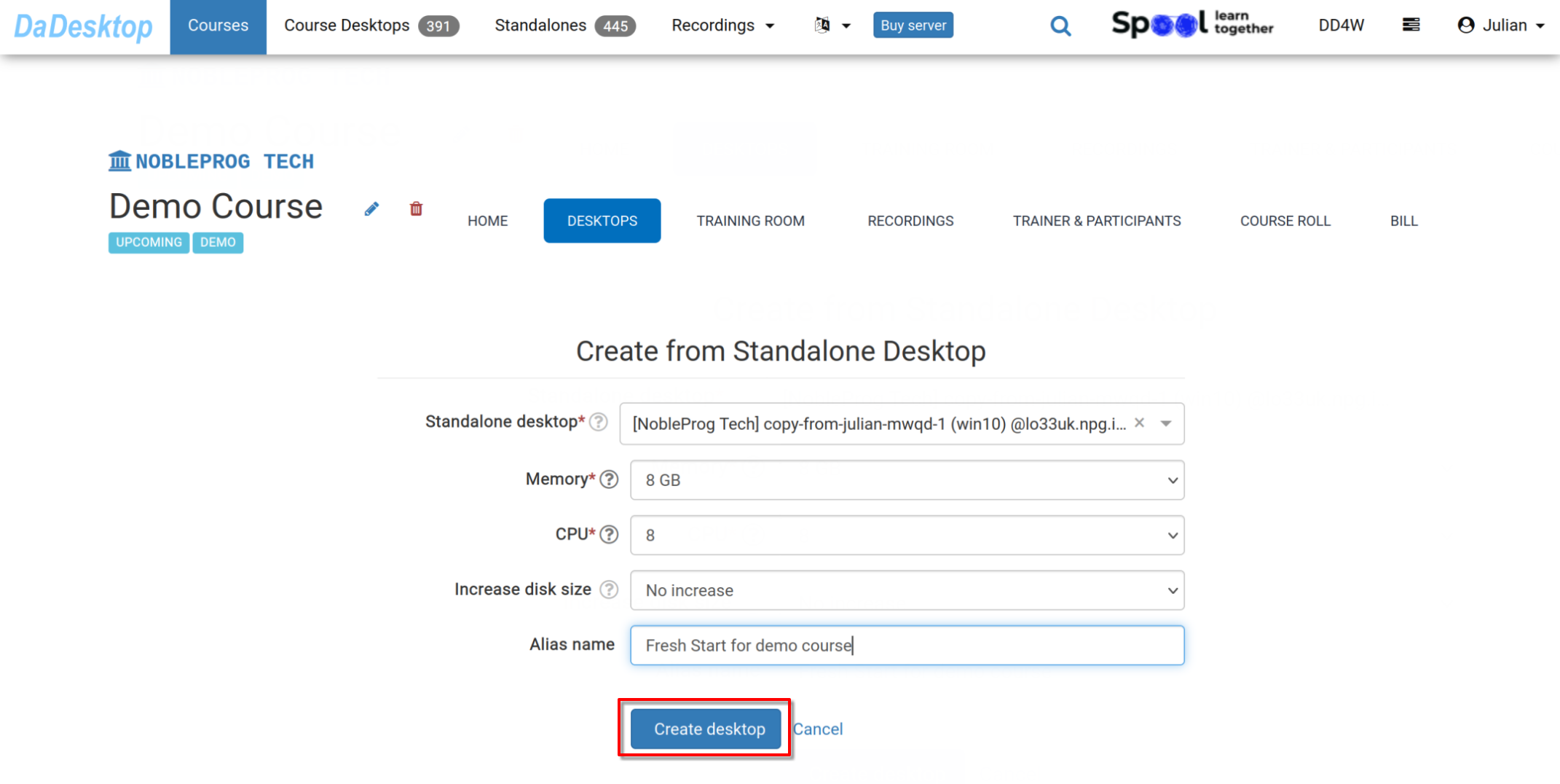 Crea da Standalone, modifica CPU, memoria, spazio su disco