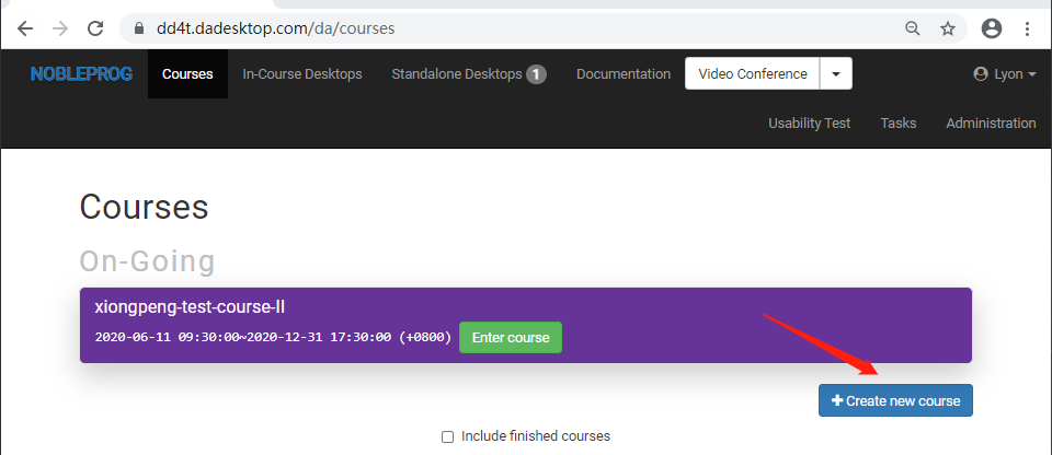 Screenshot highlighting the course creation option