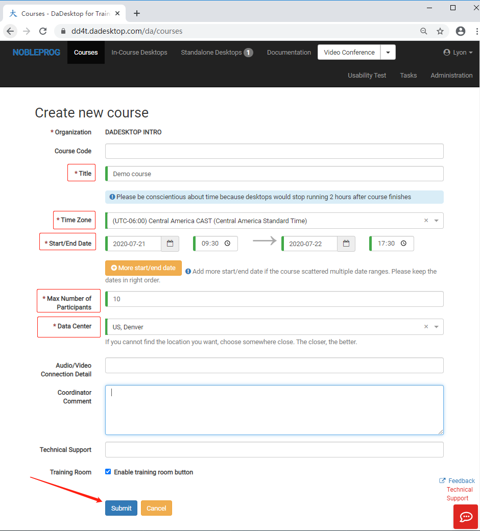 Required fields when building a new course