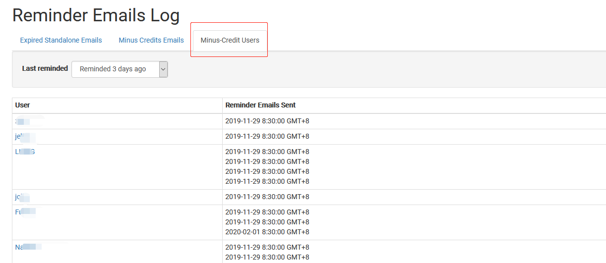 Log delle email di promemoria